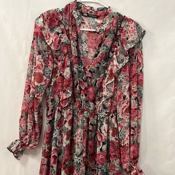ZARA FLORAL ELASTIC WAIST LONG SLEEVE RUFFLE SIZE XS - Picture 3 of 9